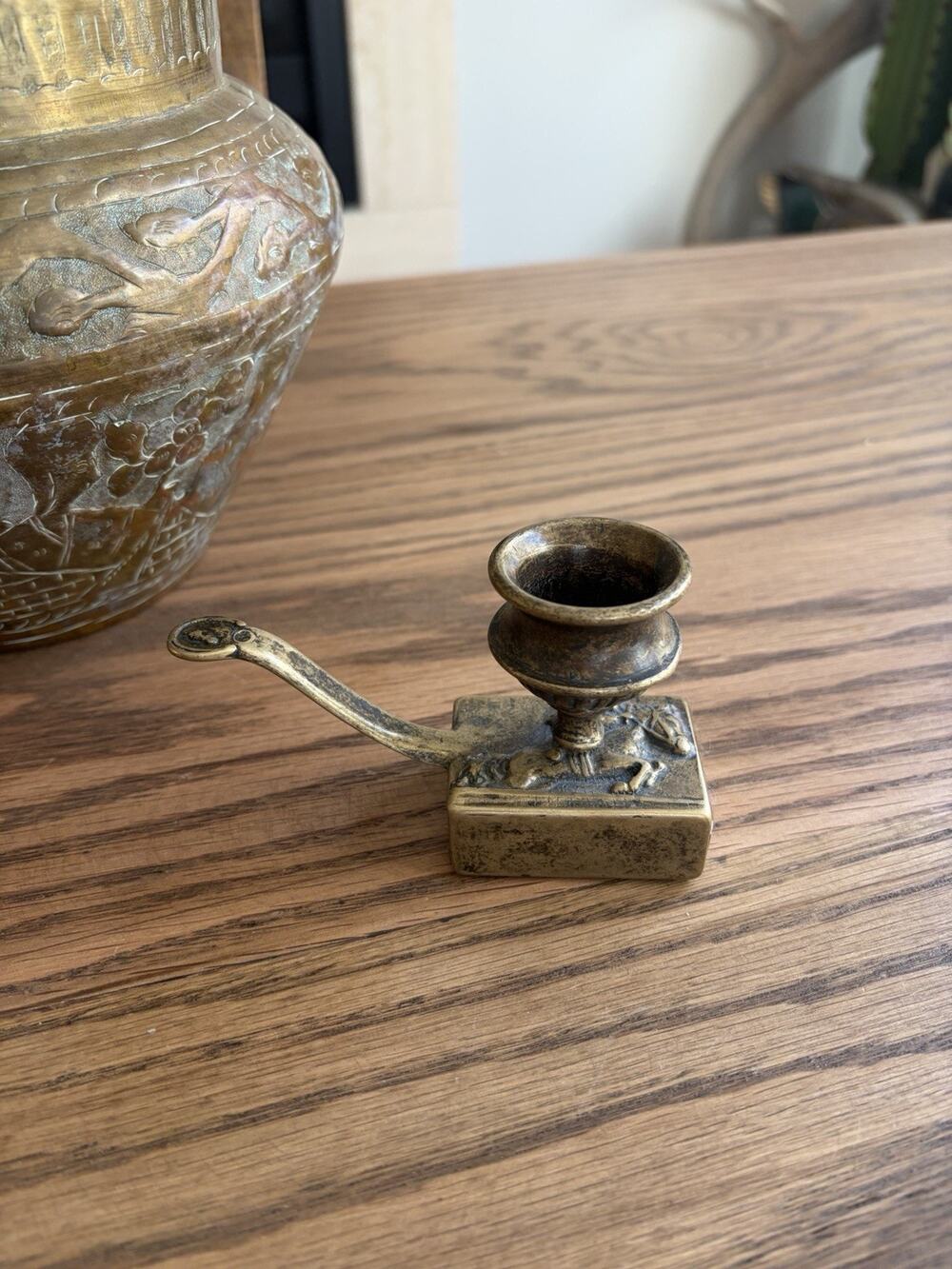Vintage Brass Chamber Stick Candle Holder With Matchbox Holder Equestrian
